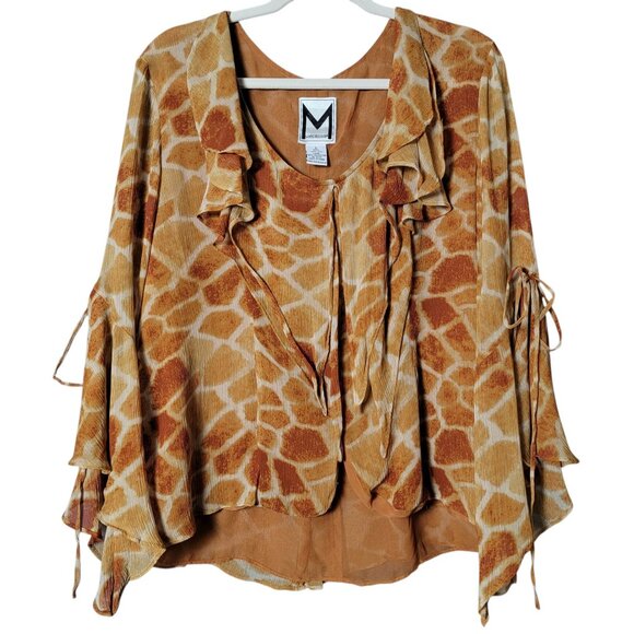VTG Marc Bouwer Womens Girafffe Animal Print Fairy Ruffle Bell Sleeve Silk Top L - Picture 1 of 9